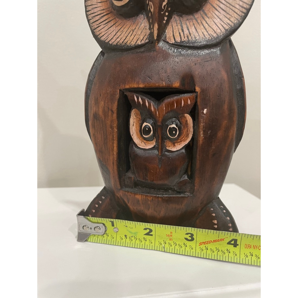 Vintage MCM Hand Carved Hand Painted Wooden Owl Sculpture With Baby Decorative - Picture 11 of 11